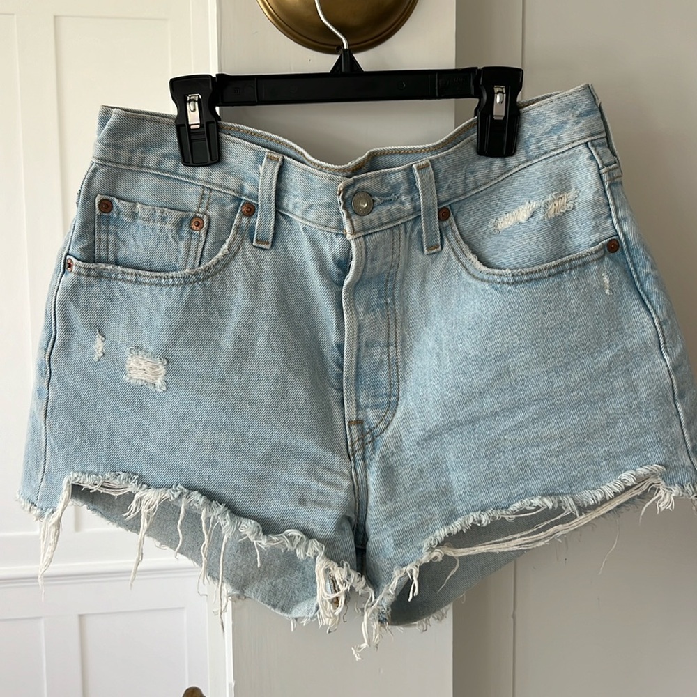 Levi’s 501 Light wash, denim shorts, size 28, 30” waist, distressed